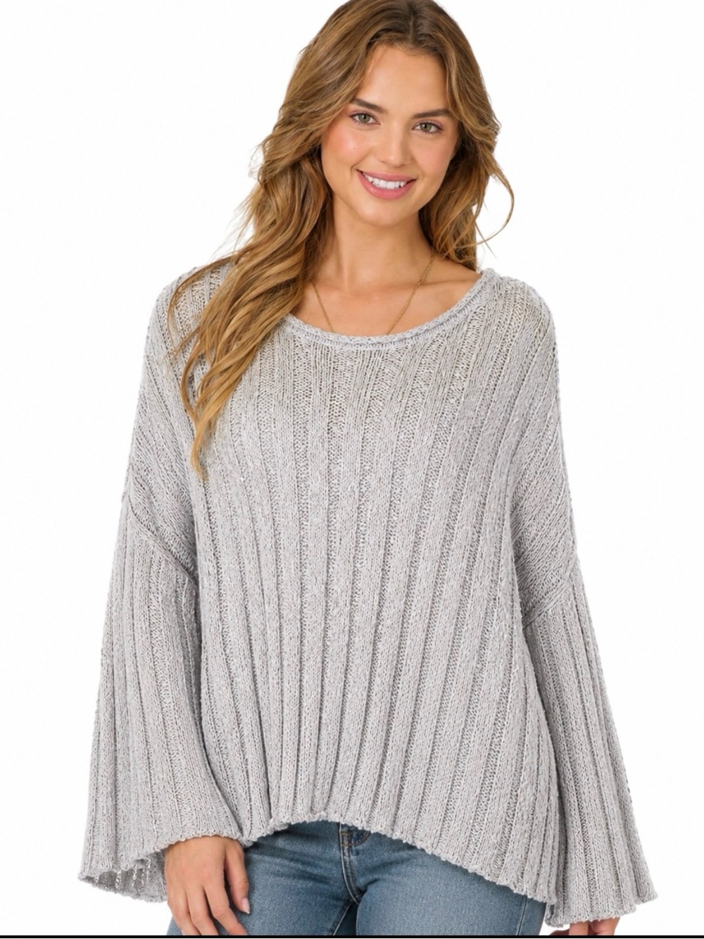Light Gray Ribbed Scoop Neck Sweater - Unbranded